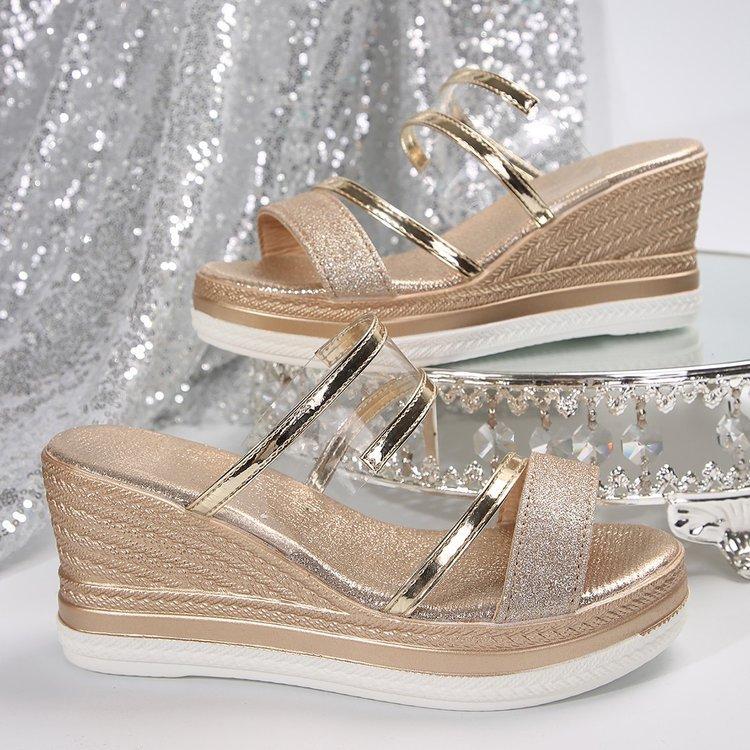 Wide fish mouth wedge sandals summer new thick-soled large-size beach women's shoes