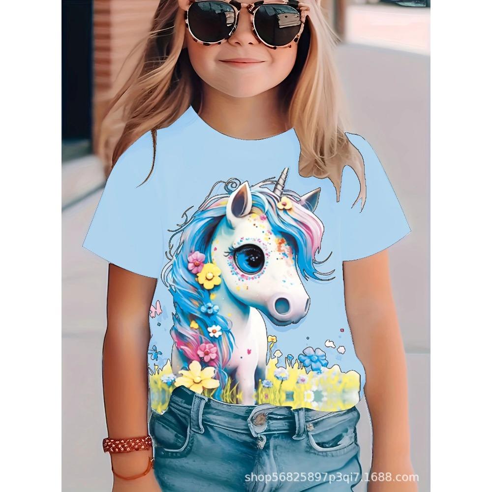 Cartoon Unicorn 3D Digital Casual Short-Sleeve T-Shirt, Suitable for Outdoor Wear, Cute Cartoon Print
