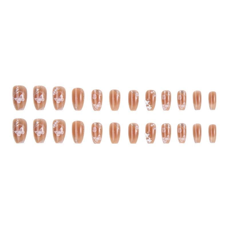 24 Pcs Glittering Press on Nails Tips Art  Pearls Medium Long False Nails With 3D Design For White Butterfly Fake Nails Press On