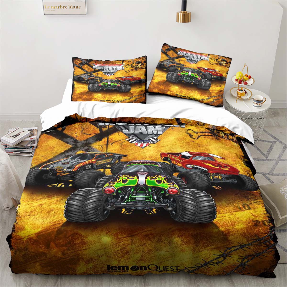 

Постельное белье с монстр-траками, мультяшный подарок, полуторный комплект постельного белья из 3 предметов, комплект одеяла, пододеяльник для кровати, двуспальный, королевский, покрывало, домашний текстиль EU single(135x200cm)