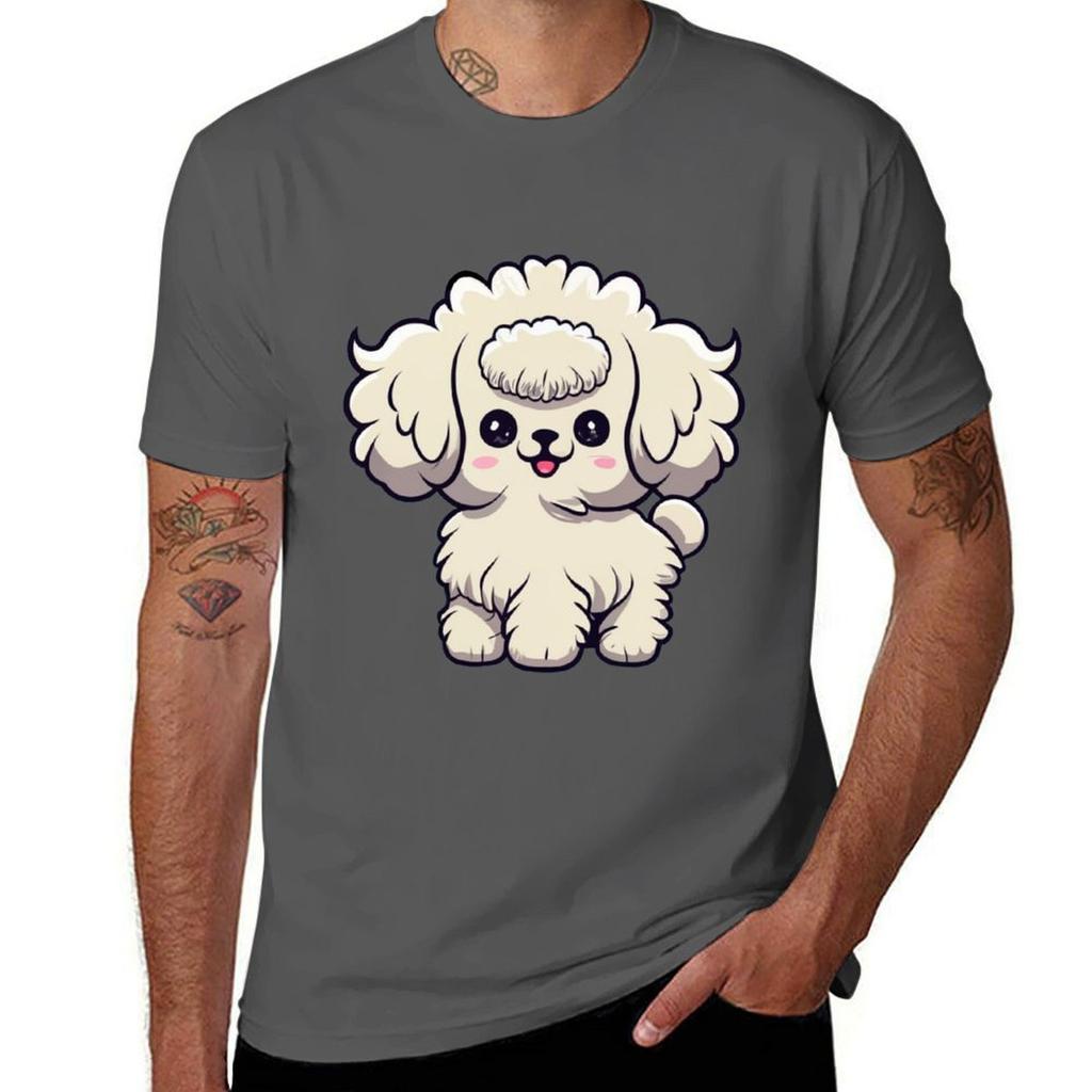 Cute Toy Poodle Kawaii Blue Background TShirt Basic Plain Short Sleeve Crew Neck Tee