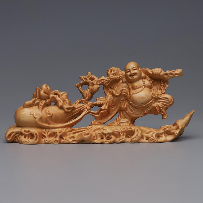 Maitreya Monk Ornament: Golden Jade Burl Wood Carving for Home Decor Height 6.2cm x Width 13.7cm, 50g