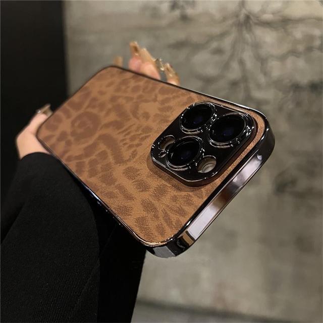 For iPhone 16 Pro Max Luxury Leopard Print Pattern Plating Frame Phone Case For iPhone 11 12 13 14 15 Plus Lens Protective Cover
