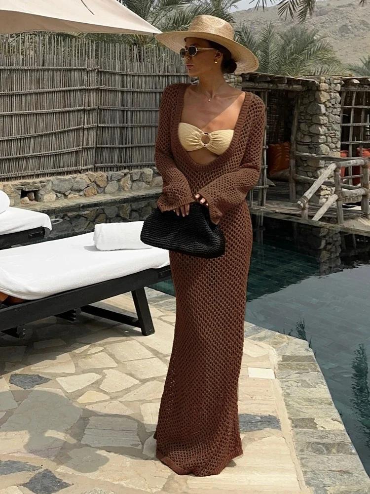 

Sexy U-neck Bell Sleeve Knit Maxi Dress Summer 2024 Women Swimwear Feminine Bikinis Cover-ups Holiday Crochet Beach Outfit K21 L