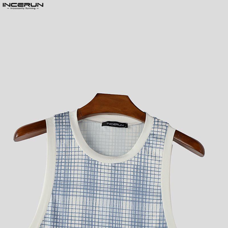 INCERUN Men Sleeveless Plaid Print Casual Sport Athletic Long Tank Tops Vest