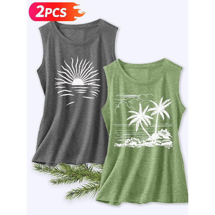 Follow a Specific Direction Two-piece Women's Tank Top with Beach Coconut Tree Print Elegant Summer Party Outfits Sleeveless Vest Essential Fashion