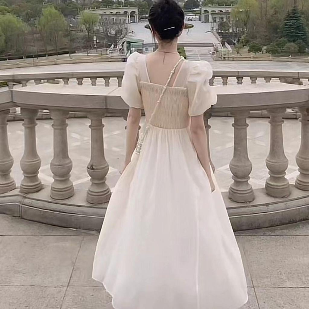 Gentle Style Summer Dress: French Square Neck, Puff Sleeve, Slim Fit, Campanula Style.