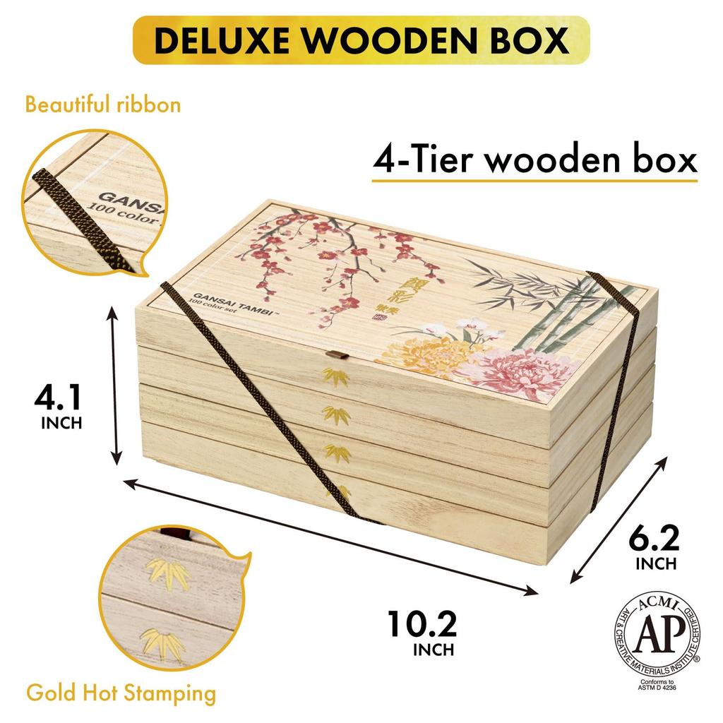 Kuretake Gansai Tanbi Set Paulownia Holz Vier Edle Farben, 100-Farben 4, Kasten, Muster, MC20/100WD4