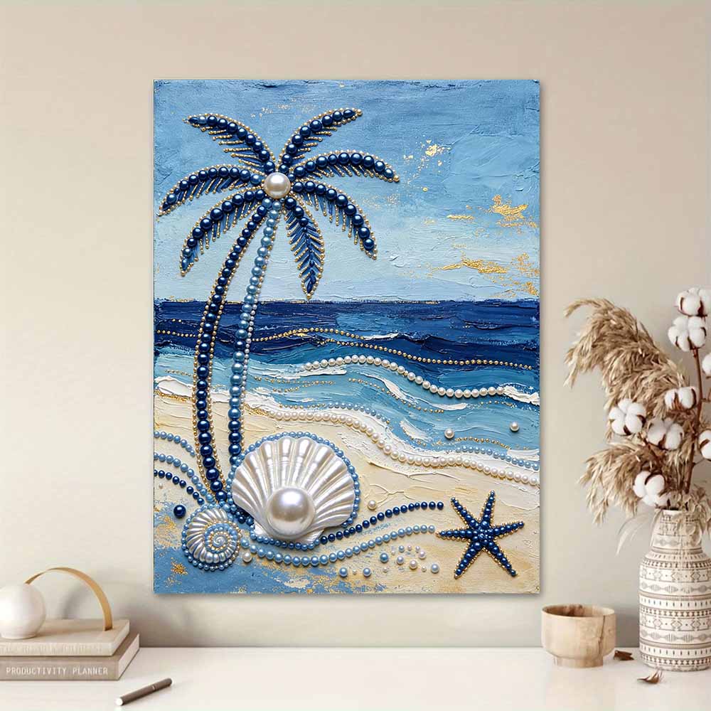 Frameless Pearl Painting DIY Kit Ocean Beach Palm Tree Seashell Starfish 3D Sparkling Bead Canvas Relaxing Creative Craft for Art Lovers