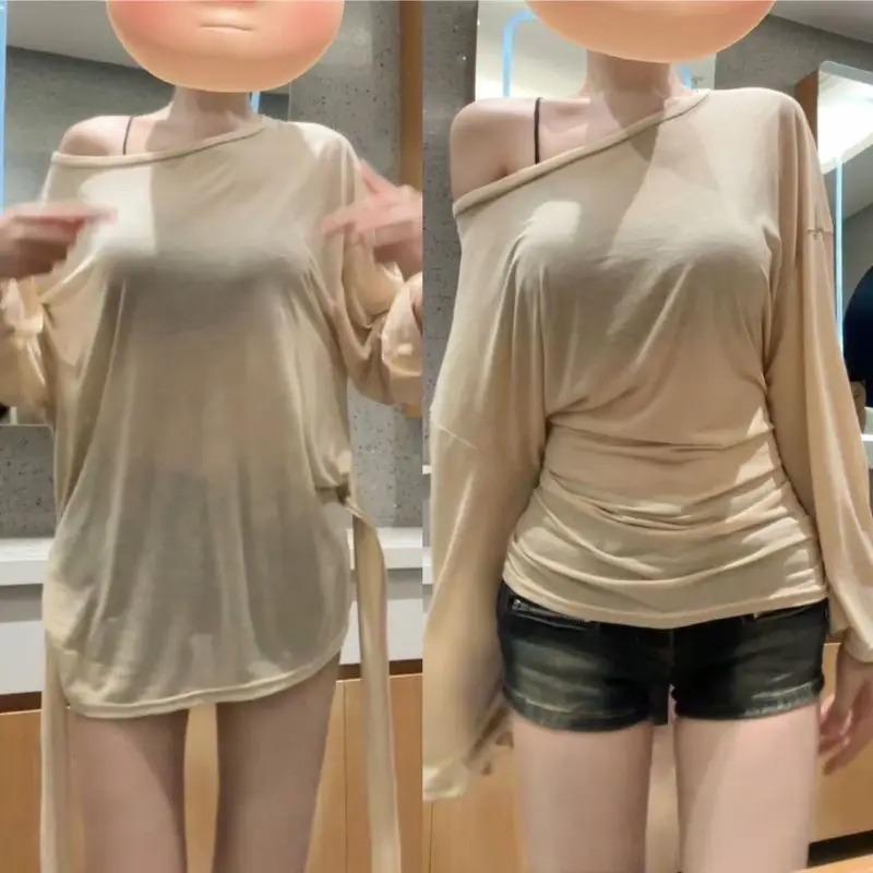 Sexy Thin See Through Long Sleeve Oversize T Shirt Women Bandage Off Shoulder Female Basic Long Tees Korean Chic Lady