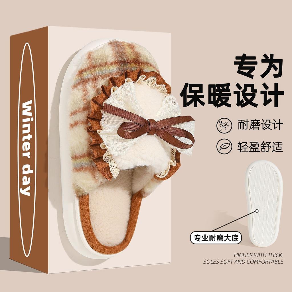 Bow cotton slippers autumn and winter new indoor home non-slip thick-bottomed bag head confinement slippers