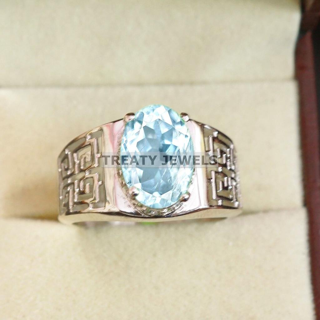 Aquamarine Oval Cut Gemstone With 925 Sterling Silver Ring For Men's #A749 JL375659079154