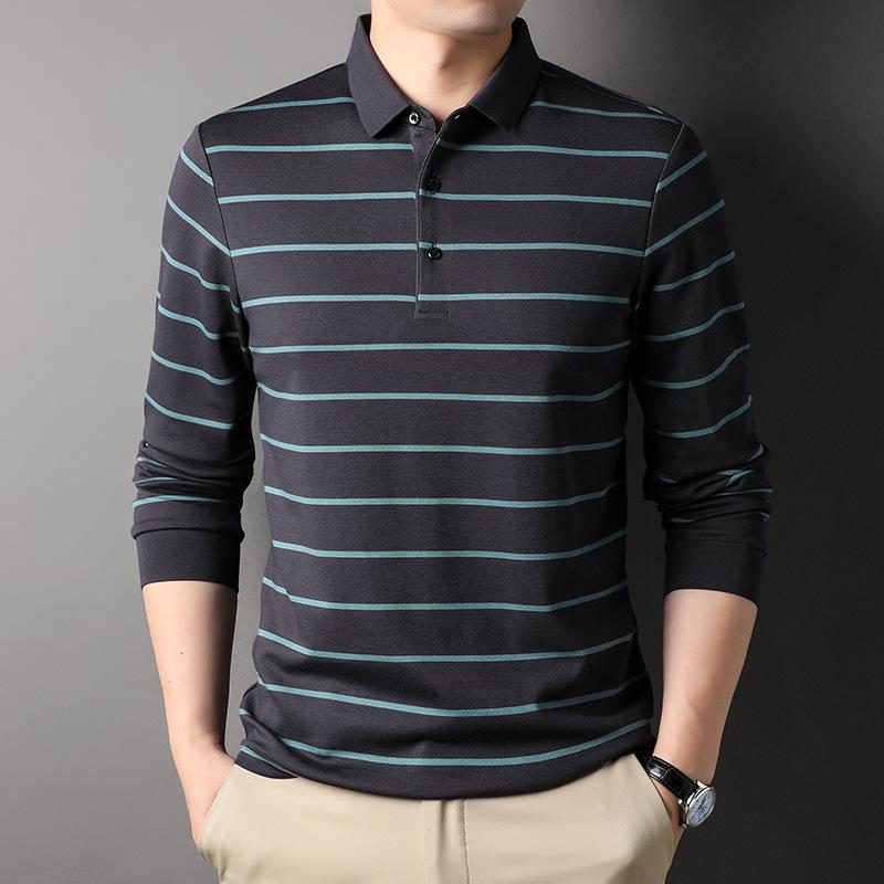 Autumn Men's Casual Long-Sleeved Lapel T-shirt Middle-Aged Leisure Striped Cotton Bottoming New Polo Shirt Men