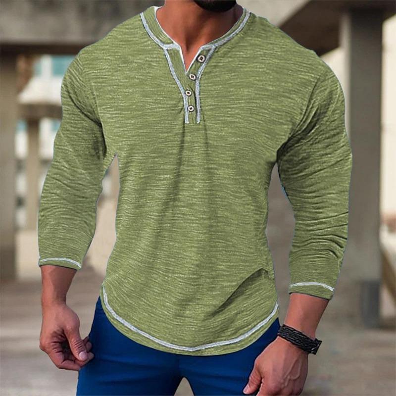 Camisetas de manga larga de algodón de otoño para hombres, jerséis casuales para hombres, camisetas elásticas con cuello en V y botones para hombres