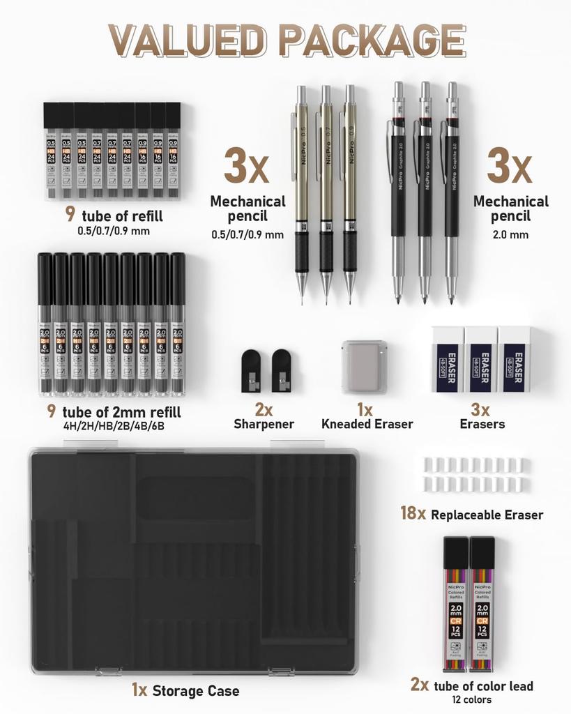 Nicpro Premium Mechanical Pencil Set and with Pencil 20 Leads and 3 Erasers Perfect for and Drawing 6-Piece (0.5, 0.7, 0.9, 2mm) Case, (6B, 4B, 2B,