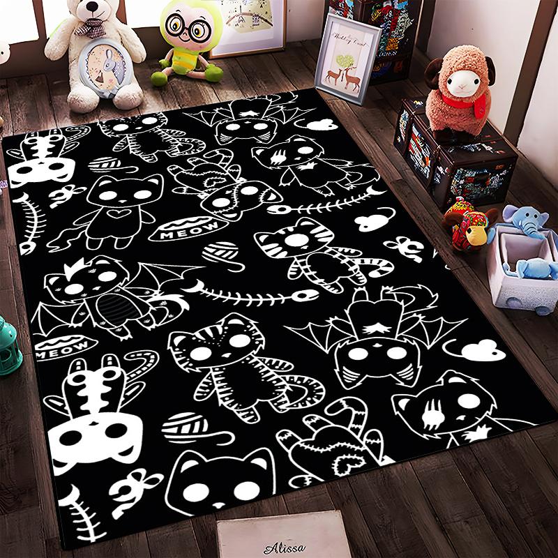 Black Cartoon Cat Pattern Carpet with Skeletons Wings Fish Bones and Meow Symbol Suitable for use as an anti-slip for room and bedroom sofas