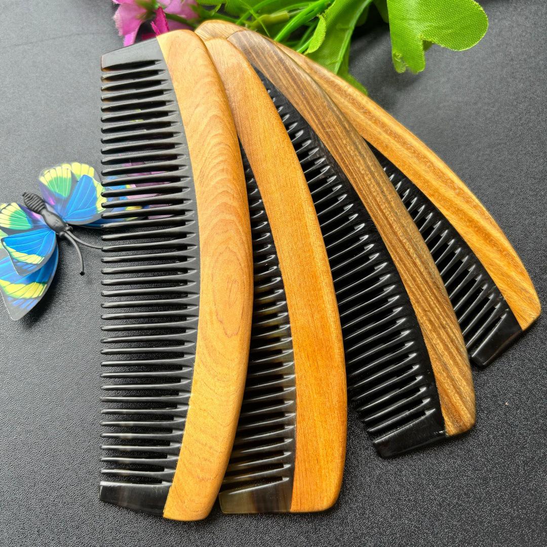 Ox Horn & Sandalwood Hairdressing Comb with Handle - Moon Comb Design