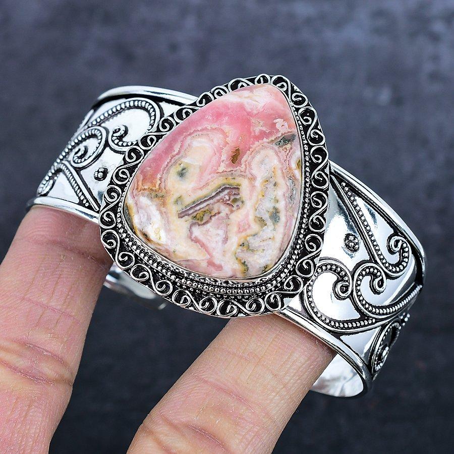 Natural Rhodochrosite Gemstone 925 Sterling Silver Cuff Bangle Adjustable S3n40