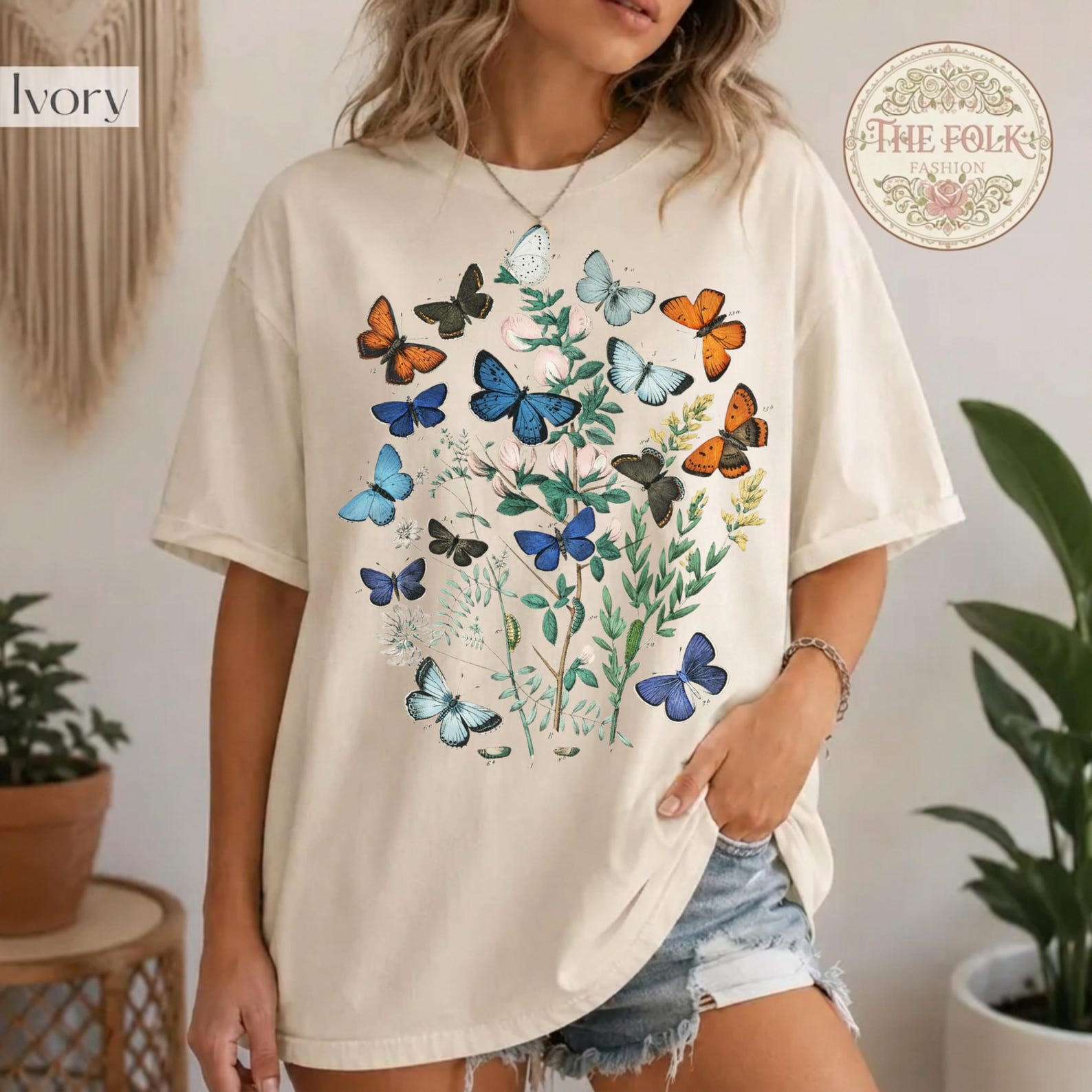 Cottagecore Butterfly Shirt, Vintage Botanical Tee, Retro Insect T-shirt, Nature Shirt, Wildflower Graphic Tee, Butterfly Floral Shirt 4XL