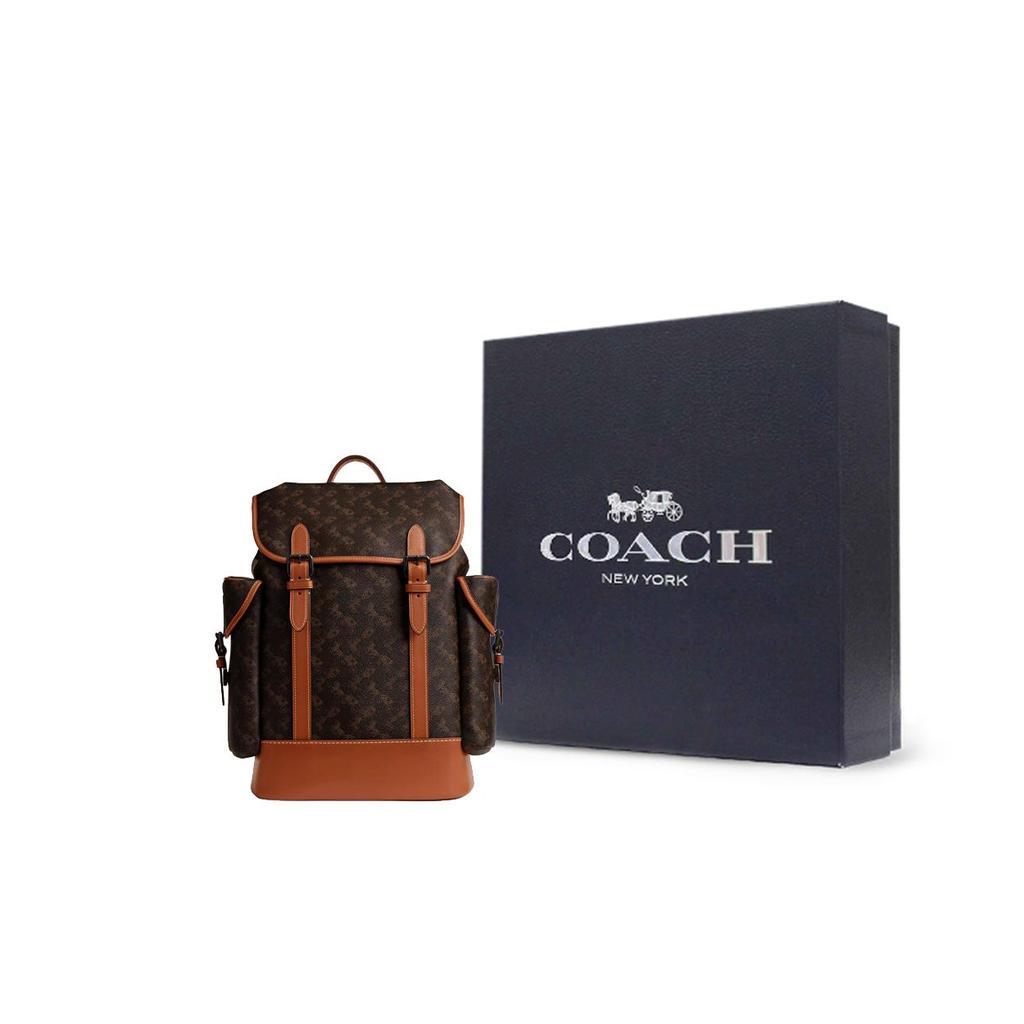 Coach Hitch 31 Brand Print Flap Closure Coated Canvas And Refined Calfskin Backpack Large Men backpack Truffle-Brown CV987-A7U