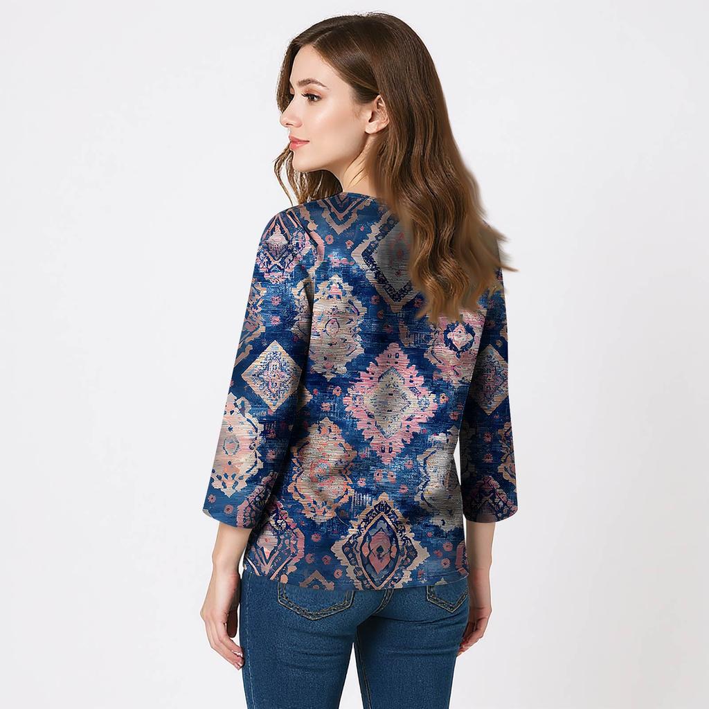 Women's 3/4 Sleeve Shirts V Neck Print Tops Casual Tops Basic Tees Blouse Loose Tops