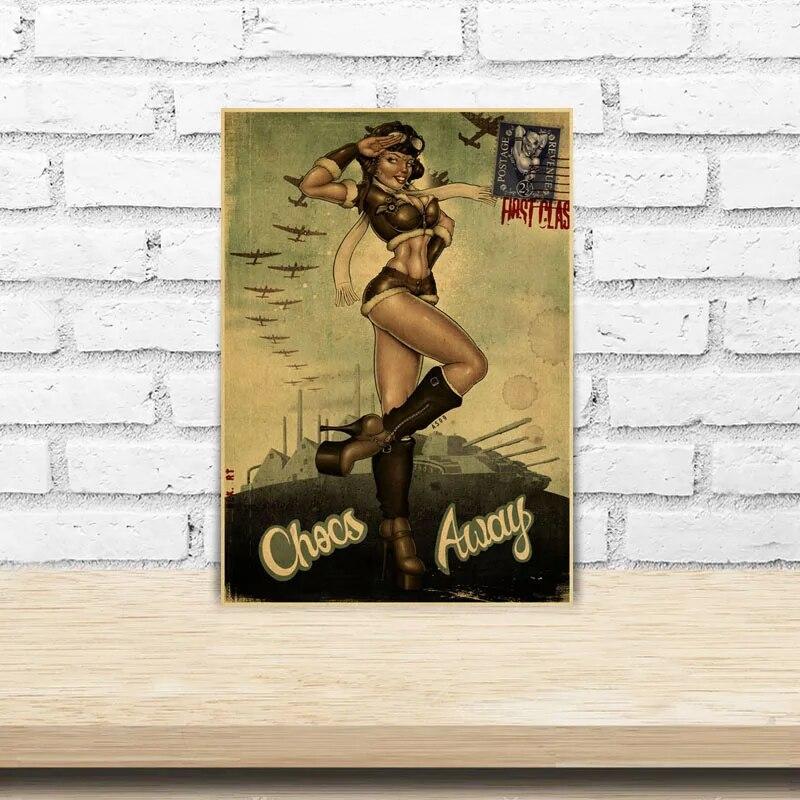 Vintage Pin Up Girl Poster Kraft Paper Posters and Prints Home Decor Painting Bar Cafe Hotel Living Room Decoration Wall Sticker