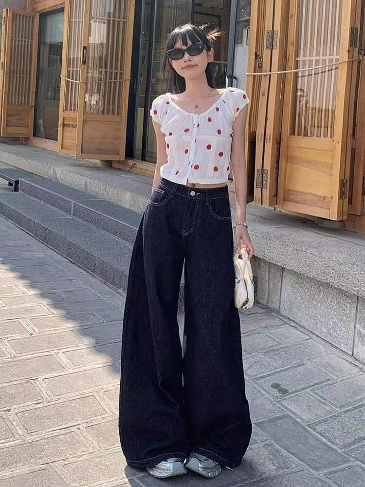 

Women s Retro Dark Blue High-Waisted Wide-Leg Jeans - Autumn, Versatile, Floor-Length, Slimming Pants 3XL темно-синий