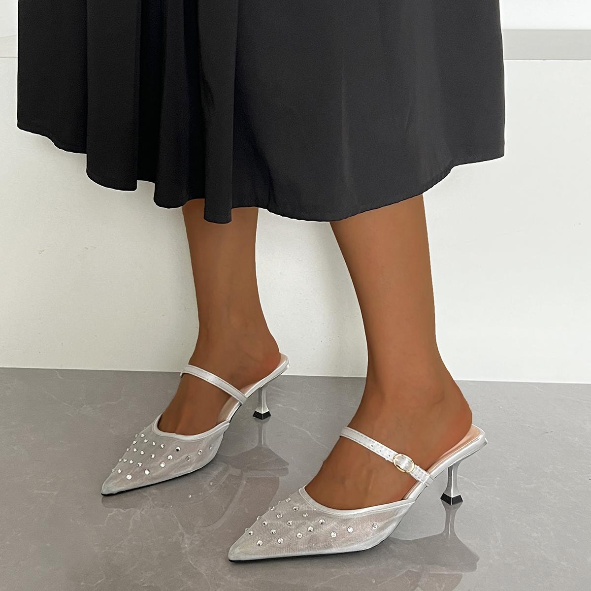 

Fashion Size 35-42 Women Mules Sandals Breath Mesh Shiny Crystals Kitten Heels Summer Shoes Ladies Sexy Pointy Toe Daily Party Slipper 35