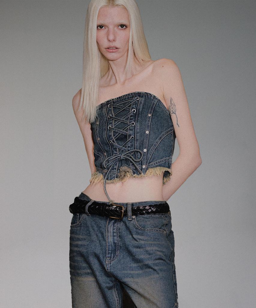 Not4Nerd W Eyelet Vintage Denim Corset - Deep Blue