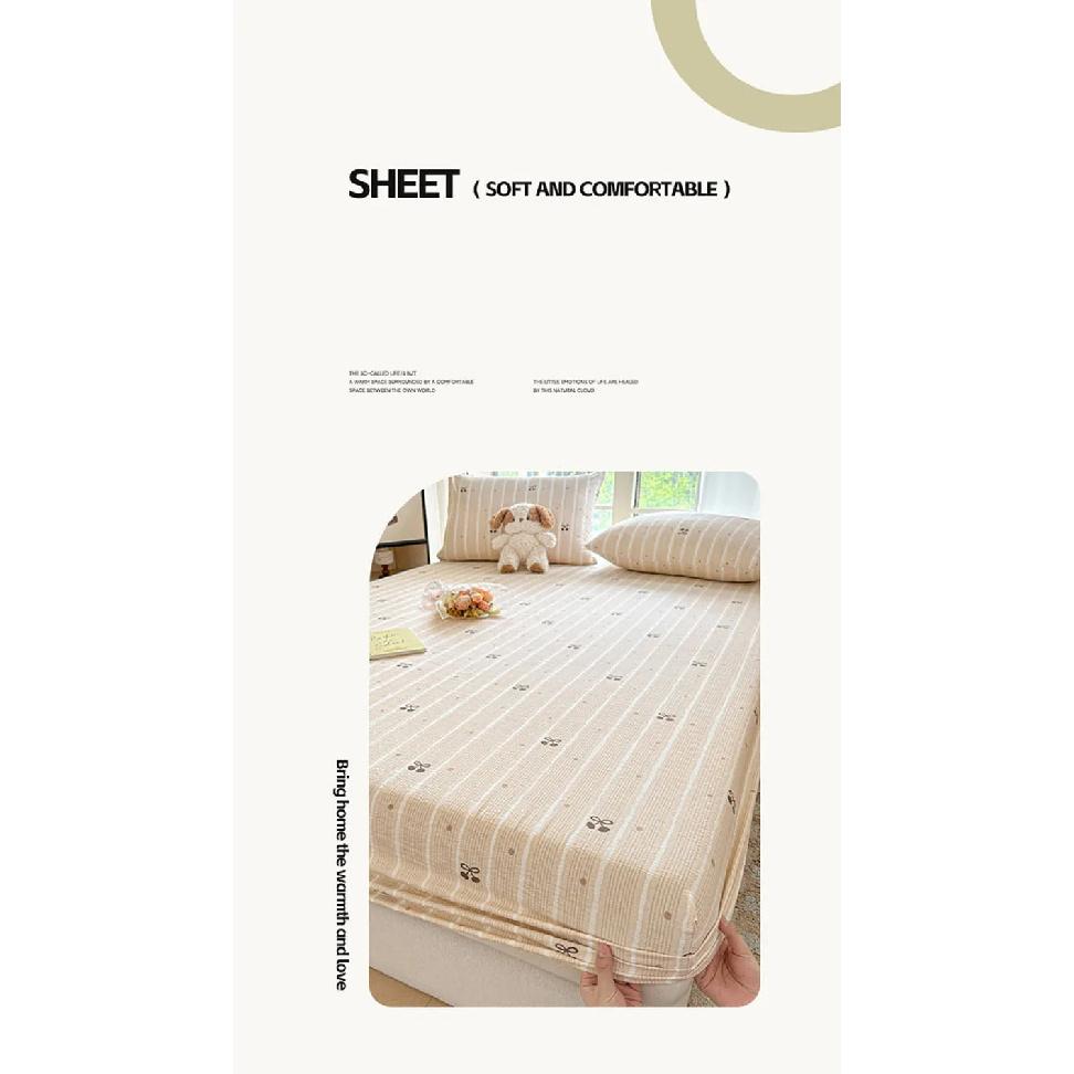 Korean Double-Layer Yarn Fitted Sheet Set Printed Mattress Protective Cover for Naked Sleep Skin-Friendly Dust Cover Kit for Bed