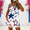 Women Plus Size Red Blue White Star Printed Sleeveless Ring Strap Scoop Neck Loose Romper With Pockets