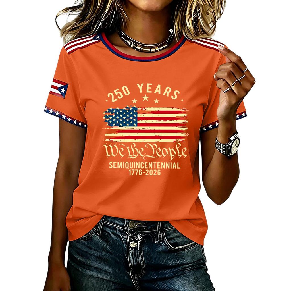 Womens Short Sleeve Crew Neck T Shirt Semiquincentennial 250 Years We the Flag Print Casual Top