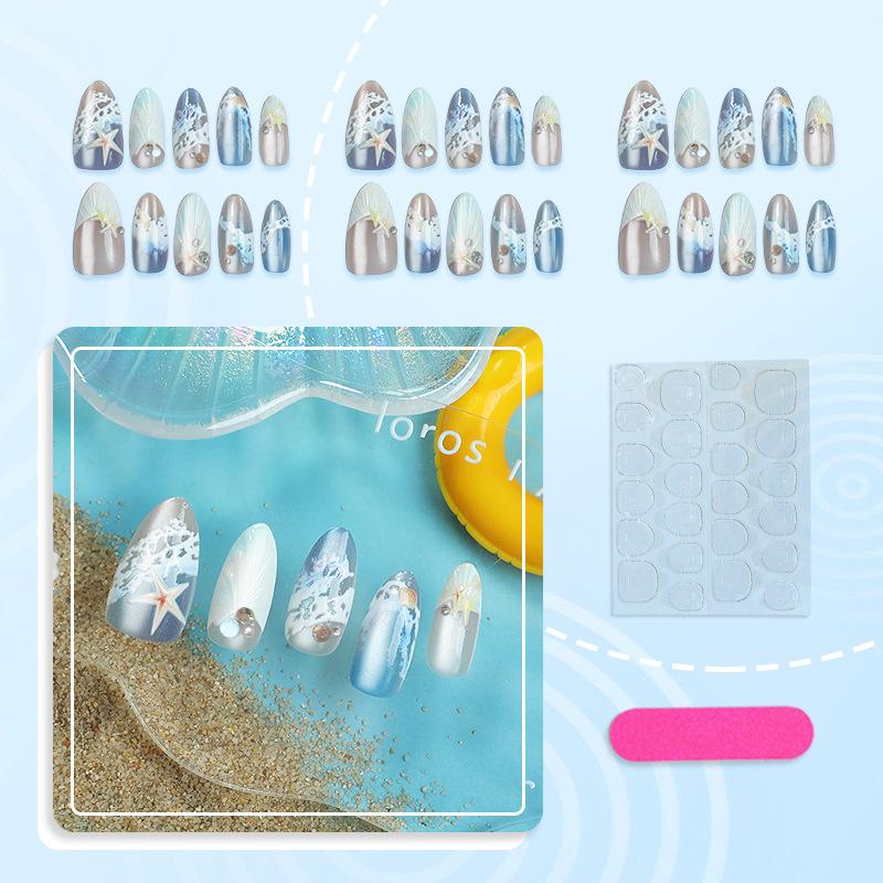 Handmade almond press on nails with 3D carved starfish & flowers, European style relief finished false nails for cross-border supply.