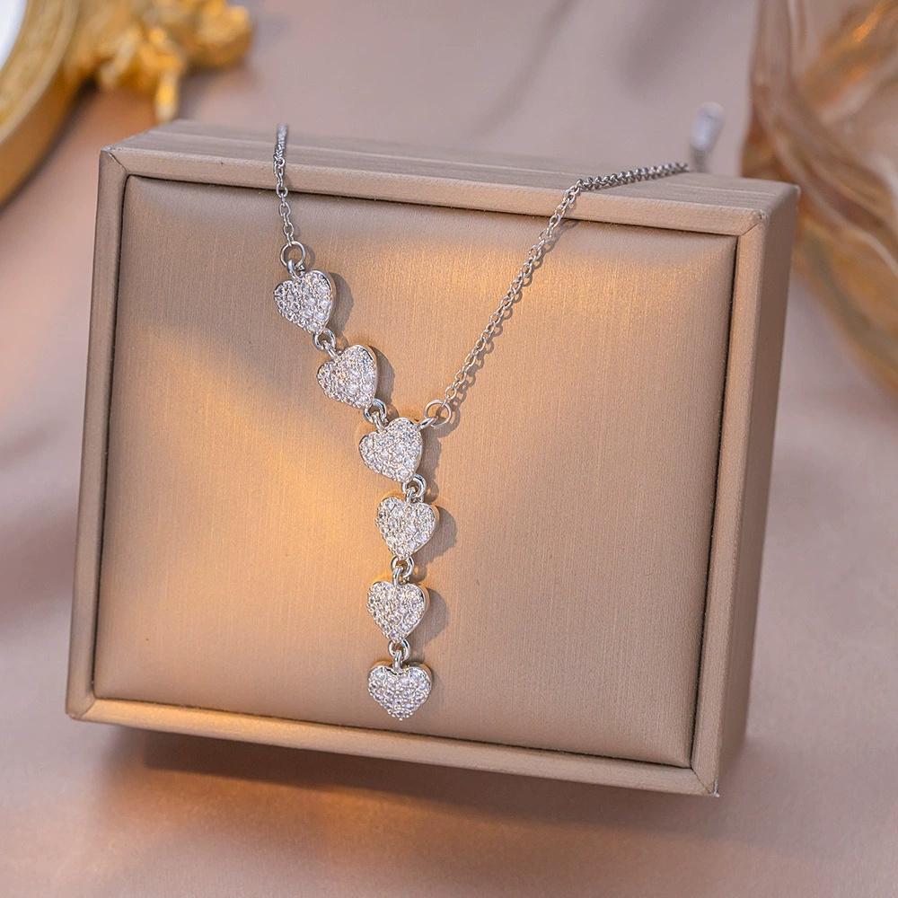 Female Crystal White Zircon Stone Heart Pendant Necklace Vintage Gold Color Wedding  For Women