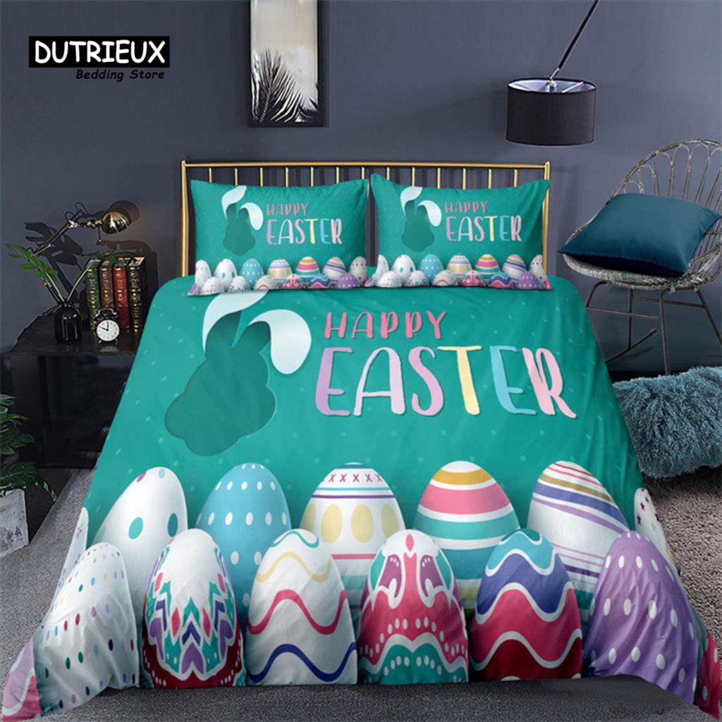 Soft Easter Eggs Bedding Set 3D Print Rabbit Cartoon Eggs Duvet Cover Polyester Pillowcase Greetings and Presents For Easter Day