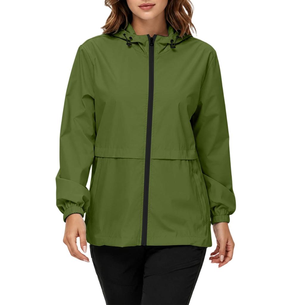 Women's Waterproof Windproof Hooded Jacket Lightweight Outdoor Raincoat Full Zip Front Pockets Adjustable Drawstring Hood