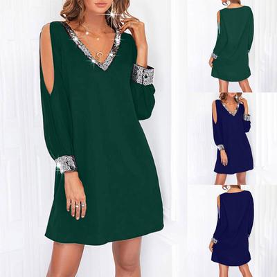 Vestido feminino casual com costura de lantejoulas e decote em V manga fria