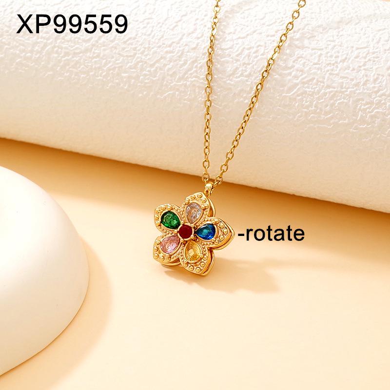 Elegant Women s Rotating Four-Leaf Clover Necklace with Diamond-Accented Pendant in Titanium Steel