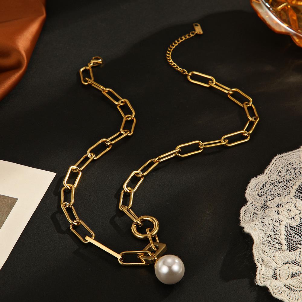 European and American ins fashion pearl stainless steel necklace women's 11k gold simple personality hip hop popular collarbone chain women's pendant