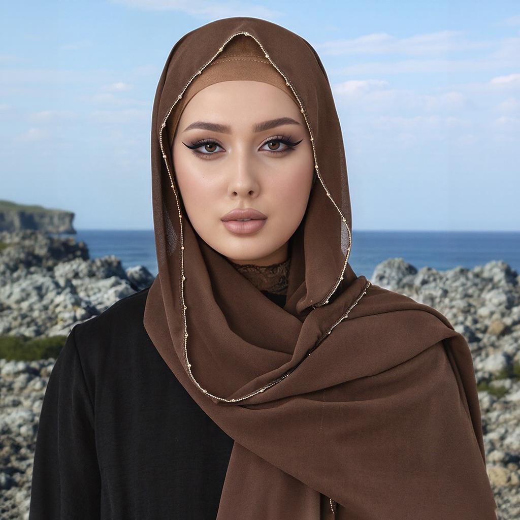 Muslim Chiffon Hijab Women Glitter Chain Edge Premium Chiffon Scarf Solid Color Plain Shawl Unique Edge Design Headscarf Wraps