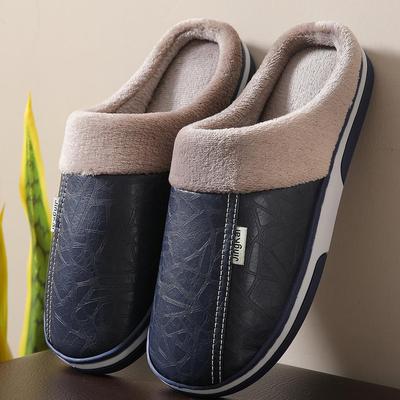 Prägnante Winter-Hausschuhe aus Plüsch für Herren, rutschfest, Obermaterial aus PU-Leder, wasserdicht, Freizeitschuhe aus Baumwolle für Herren