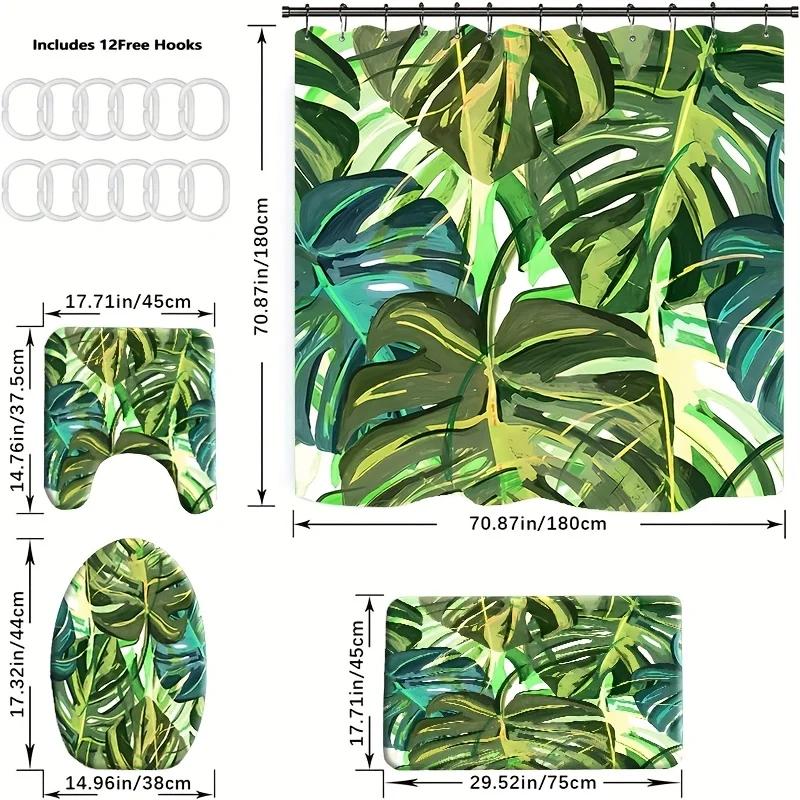 4pcs, Tropical Greenery Pattern,Apartment Bathroom, Shower Room Shower Curtain, Hotel Shower Curtain Set, with 12 Hooks