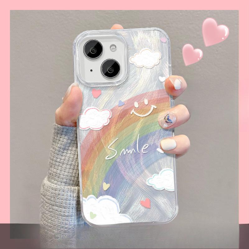 Suitable for Apple 15 Feather Yarn Mobile Phone Case Summer Iphone14pro Smiley Face Rainbow Invisible Bracket 13 Large Hole Soft Edge