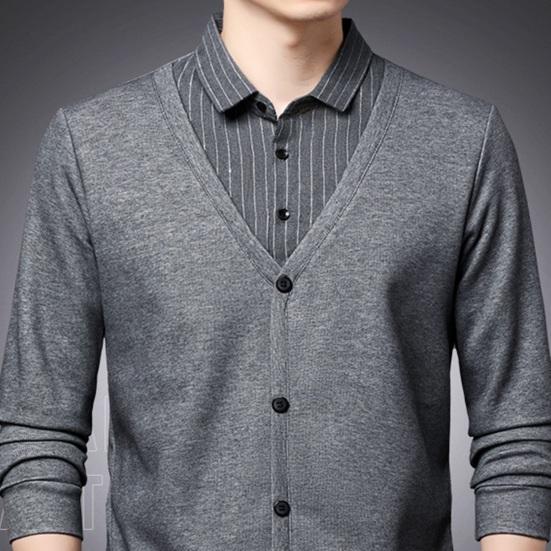 Herren Herbst Winter Pullover Revers ärmellos einreihig einfarbig gefälschte zweiteilige elastische Knöpfe lässig gestreift Plus Größe mittellange Herren
