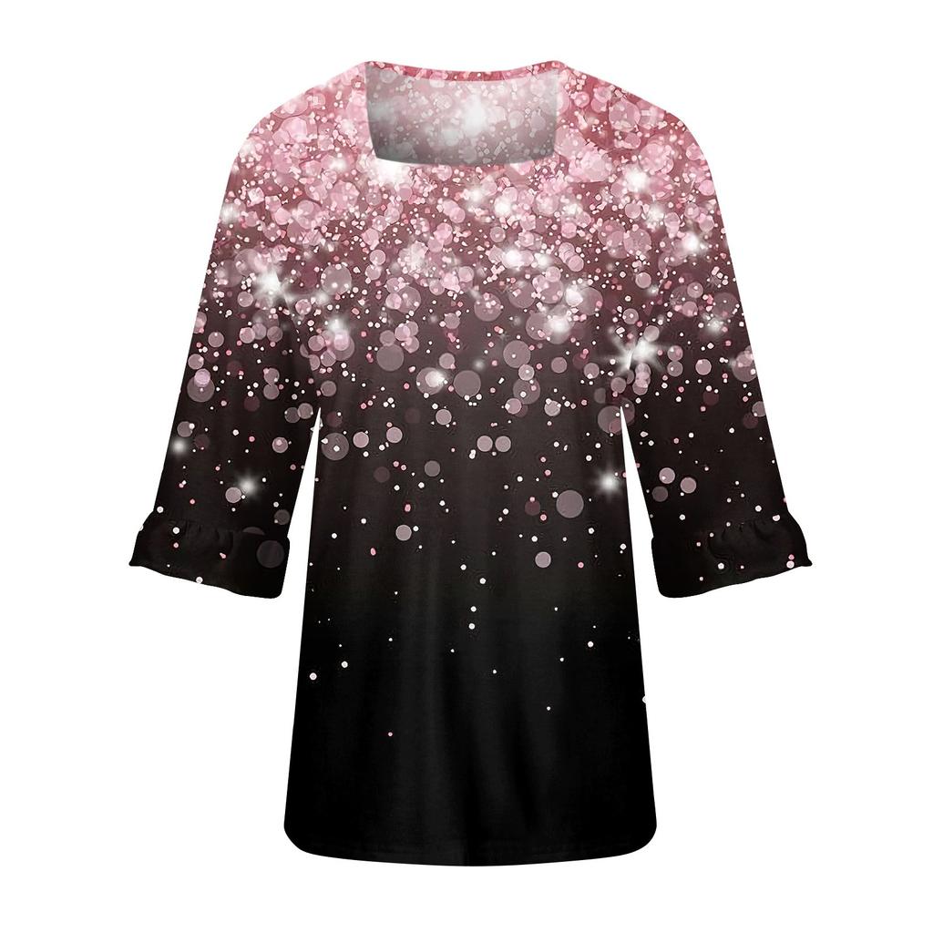 Women's Casual 3/4 Sleeve Tops Summer Square Neck T Shirts Ruffle Loose Fit Tunic Blouses