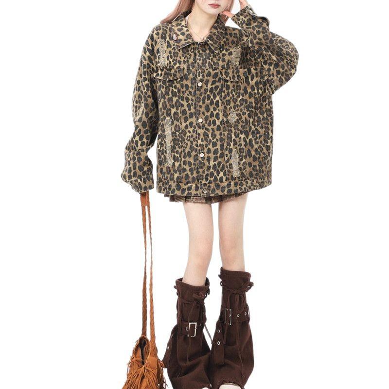 Unisex Leopard Print Denim Jacket - Trendy Turn-Down Collar for Spring and Autumn Workwear