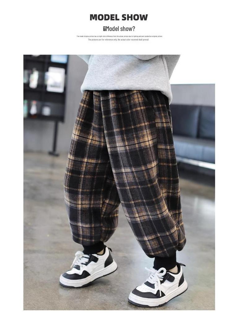 Chlapecké flísové kostkované tepláky: Zimní teplé jednodílné ležérní kalhoty pro batolata