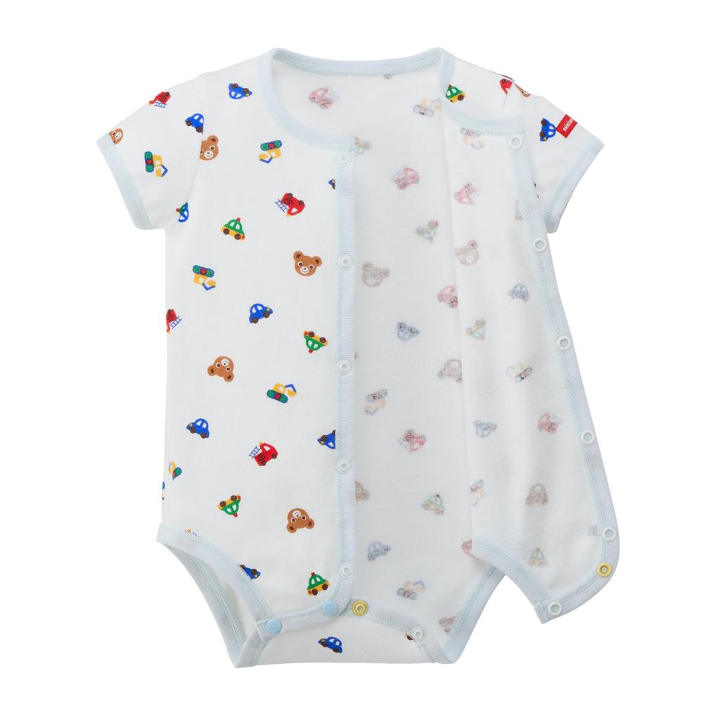 MIKI HOUSE Short Sleeve Baby Undershirt, All-Over Print, 100% Cotton, Made in Japan, for Boys and Girls, Newborns, 70cm, Blue, 40-1526-143