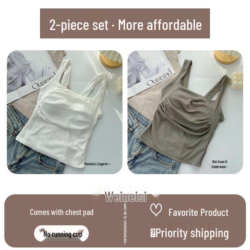 Korean Ruffled Spaghetti Strap Women's Tank with Chest Pads - Sexy Backless Slimming Base Layer