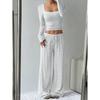 Women's Loose Fit Two Piece Outfit Set Long Sleeve Square Neck Crop Top Drawstring Waist Wide Leg Striped Tracksuit Loungewear